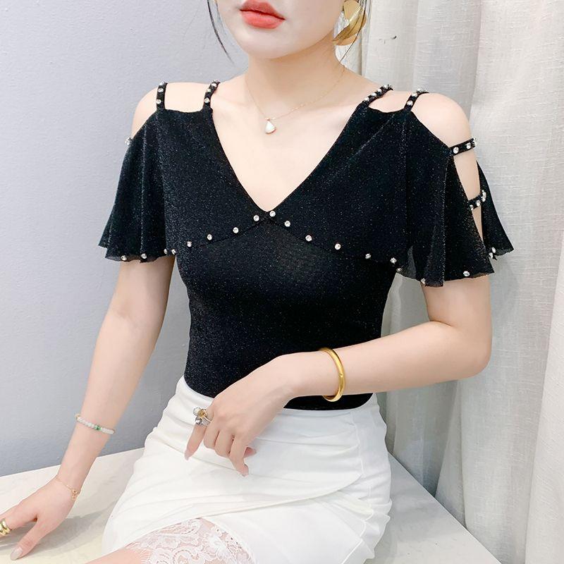 

Летняя футболка с коротким рукавом, облегающая женская, модная, с V-образным вырезом, сексуальная, с открытыми плечами, новая уличная одежда для девушек, сетчатые топы M чёрный