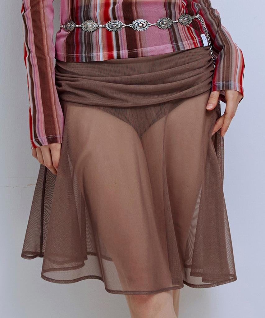 PISCESS Solid Mesh Shirred Skirt_Brown