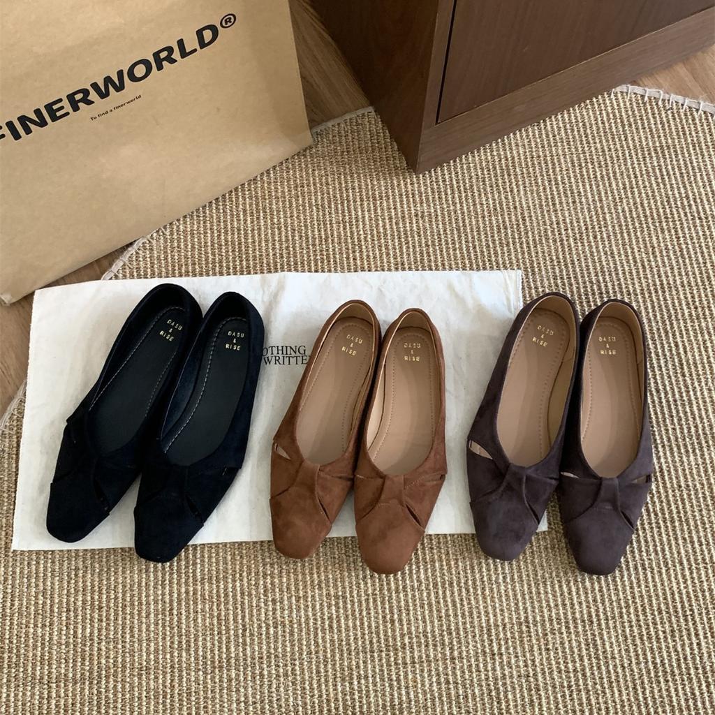 Flat Bottom Retro Suede Square Head Single Shoes Women's Shoes 2025 New Summer French Soft Sole Versatile Black Commuter Shoes