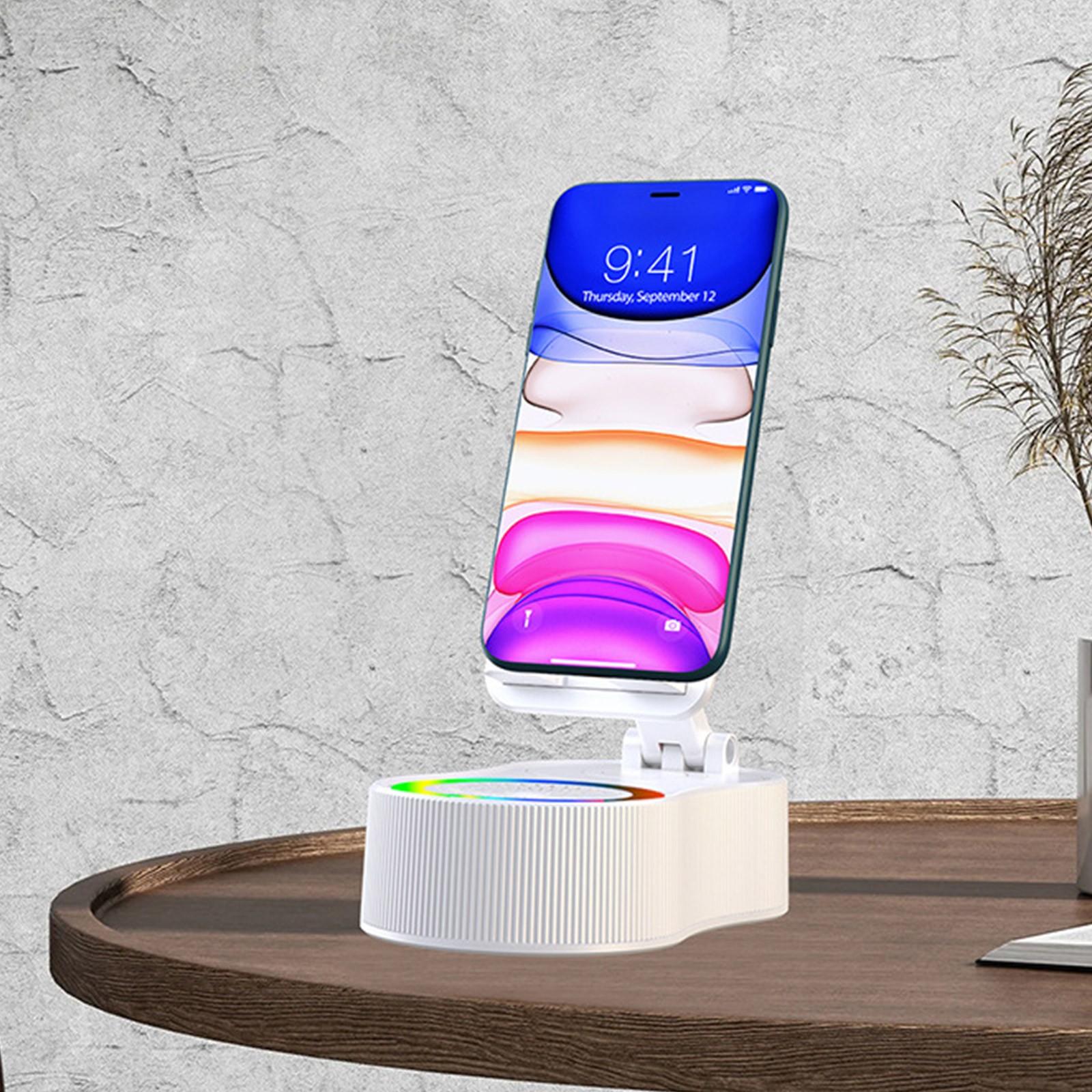 

Беспроводная индукционная Bluetooth-колонка 5-в-1 со складным держателем для телефона, внешним аккумулятором и подсветкой — для рабочего стола/дома, пластиковый/металлический композит One Size белый