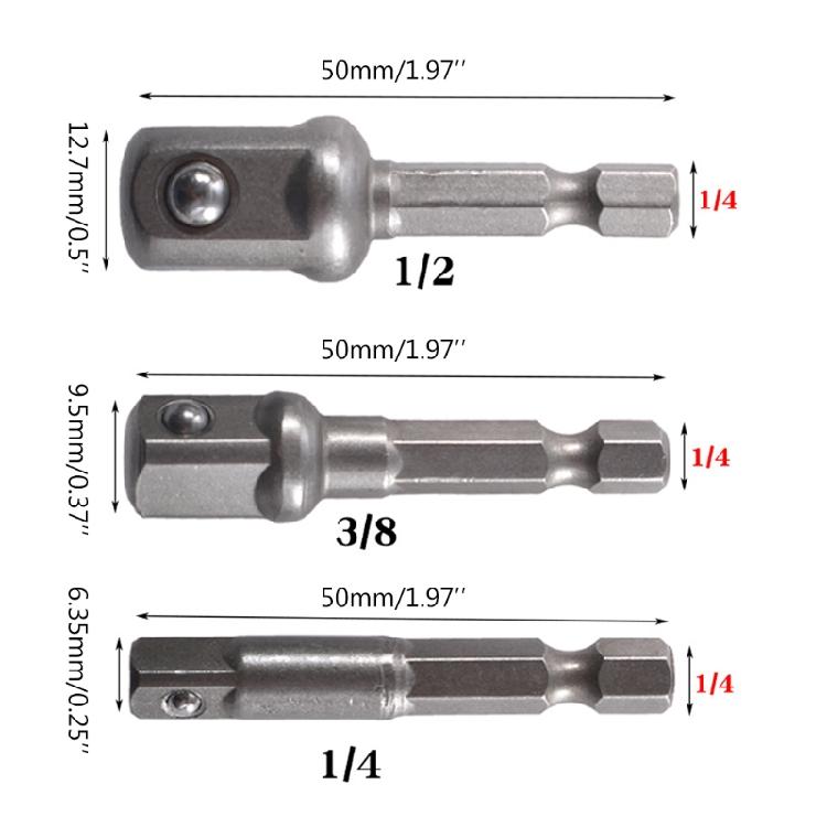 3 Pieces 1/4" 3/8" 1/2" Drive Socket Adapter Alloy Steel DIY for Impact Drivers