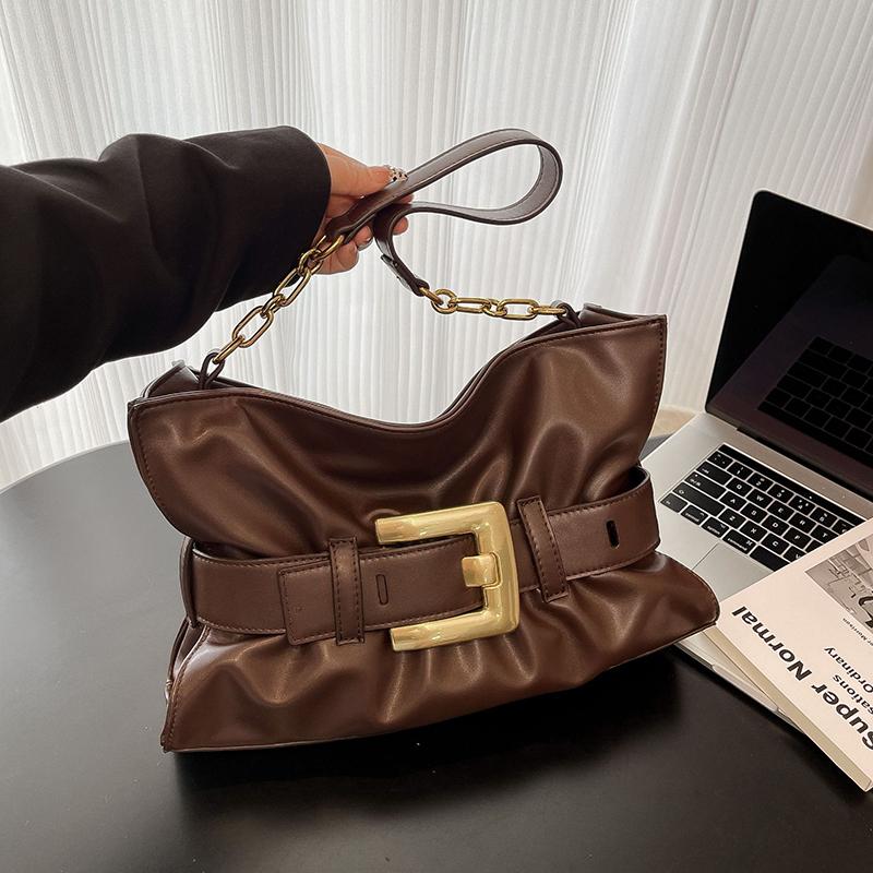 

Fashionable Pleated Tote Bag New Brand Design Belt Buckle Motorcycle Bag Large Capacity Single Shoulder Underarm Bag KTB 36x11x22cm кофейный