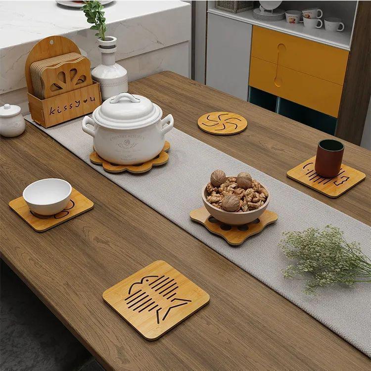 Thickened Heat-Insulating Wooden Placemat: Cute Table Mat & Coaster Cartoon hollow pattern mix