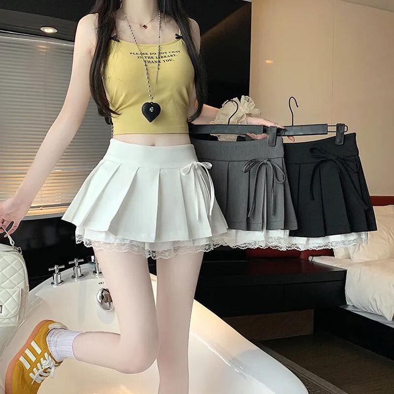 Spicy Girl Grey Lace Pleated Mini Skirt with Split Bow Detail