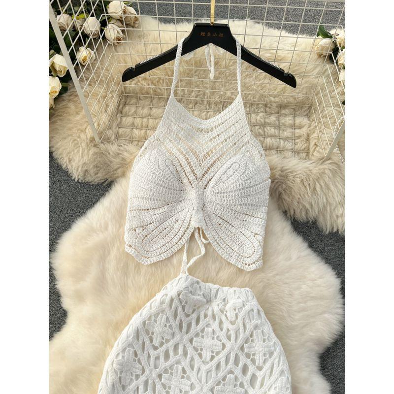 Bohemia Vacation Style Halter Spaghetti Straps Vest Sexy All-Matching Retro Crocheted Cut Out Skirt Two-piece Set Tide