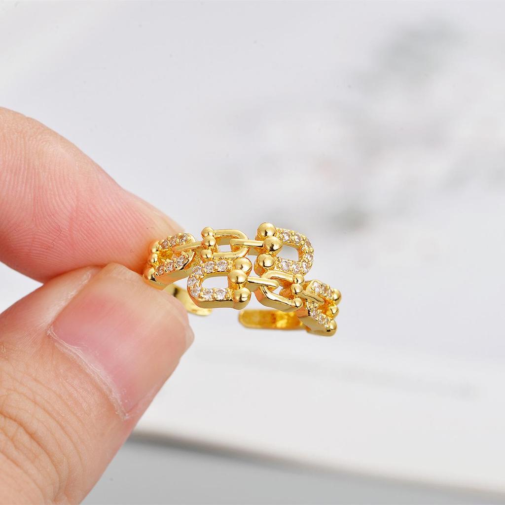 2026 Women's Gold-Plated Copper Full Diamond Pig Nose Bracelet and Ring Set