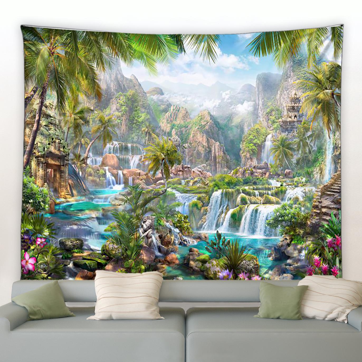 

Китайский ветер Лотос Пальма Фэнтези Гриб Пасторальный пейзаж Домашнее украшение Настенный гобелен Водопад Пейзаж 150x100cm