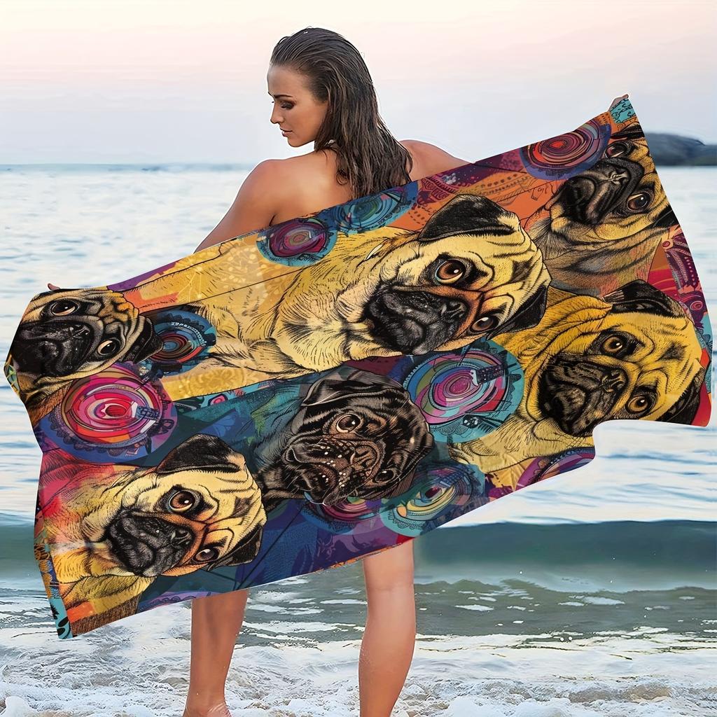 Künstlerische Mops-Hunde-Collage Strandtuch Flachdruck Lebendiges Tiermuster Badetuch für Kinder Erwachsene Strandparty Pool Reise