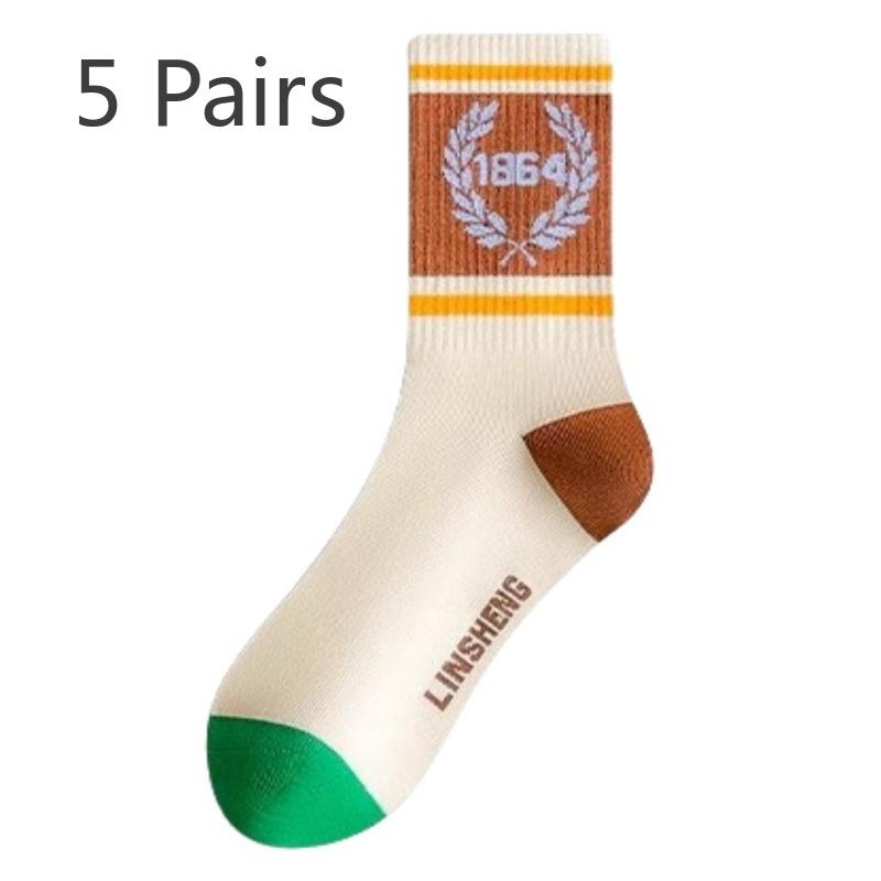 5 Pairs of Women's Spring and Autumn Style New Pure Cotton Deodorant Breathable Sports Tube Socks