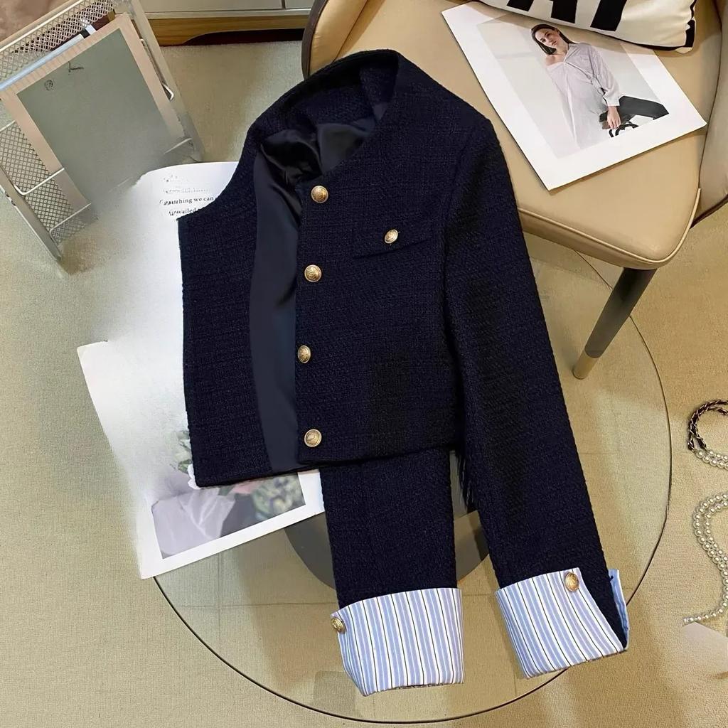 Marineblauer Small Fragrance Anzugjacke Damen Herbst Französische Mode Steppdesign Göttin Fan Oberteil