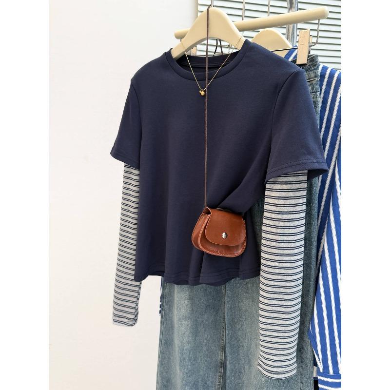 

Wind real shot fake two-piece splicing striped long-sleeved T-shirt women s season loose and thin bottoming shirt top XL Темно-синій