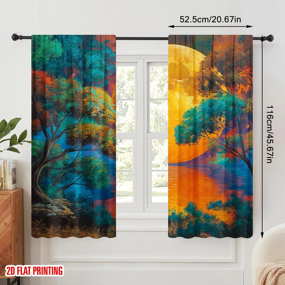 2pcs,2D Plane Printing Window Curtain Moonlit Canvas Polyester Woven (without Rod) Holiday for Bedroom, Living Room, Office