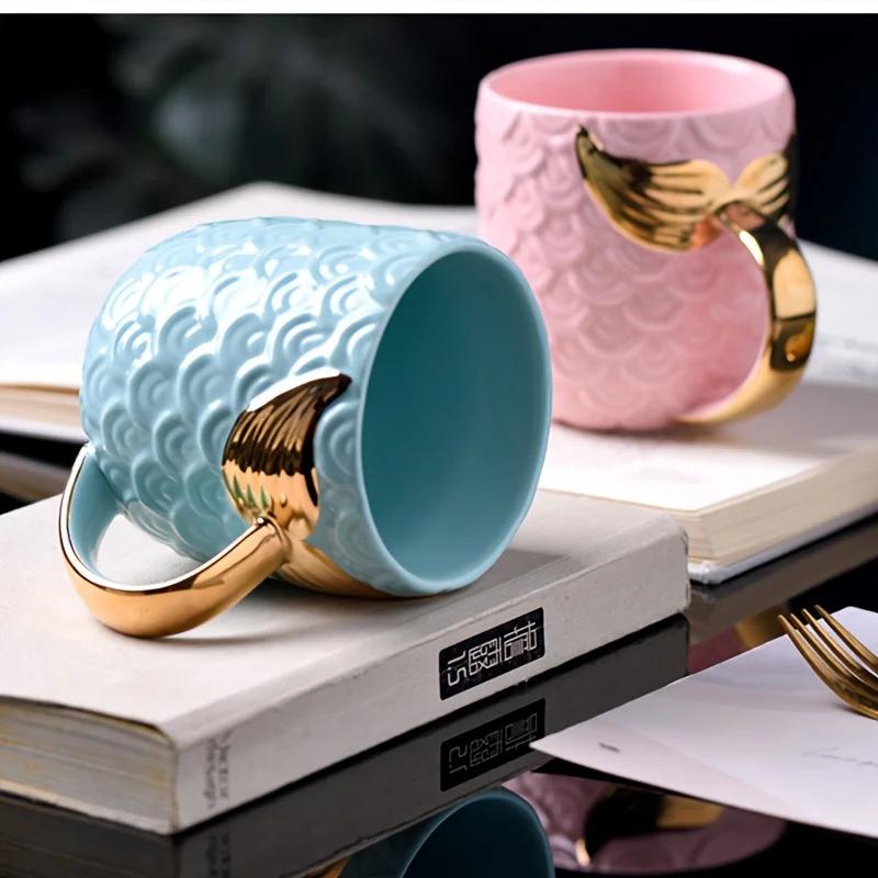 Kreativní 400ml keramický hrnek Golden Mermaid Tail s držadlem Kreativní hrnek na čaj Káva Mléko Osobní hrnek Fishtail Cup Vynikající dárek