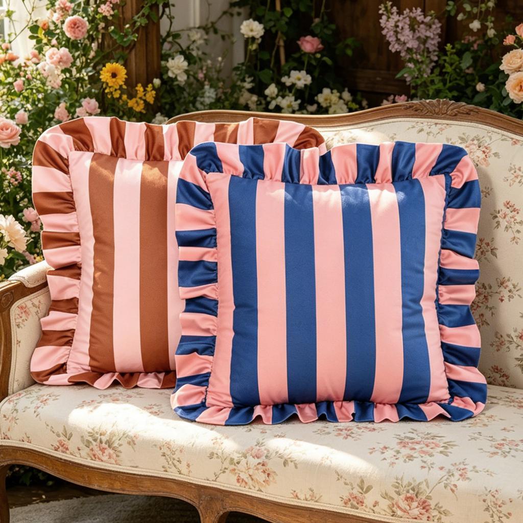 Striped Square Pillow Cover with Ruffled Edge Decorative Print for Living Room Sofa Home Decor Cushion Case 18x18 Inch