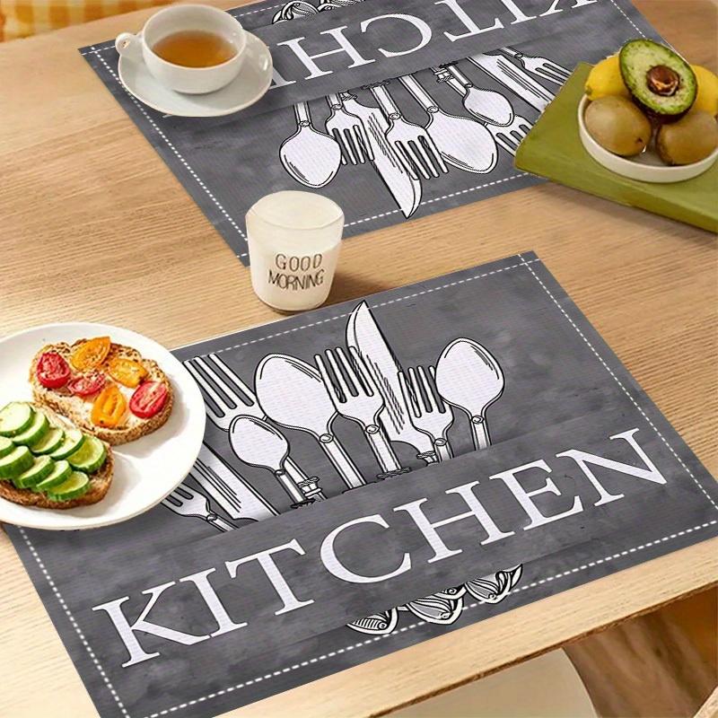 [4pcs Knife & Fork Placemats] 4pcs Linen Placemats | Black Knife & Fork Pattern | Kitchen Fabric Table Mats | Hotel Holiday Party Room Decoration