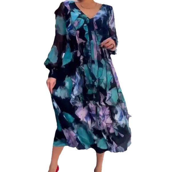 Spring/Autumn 2023 Women's V-neck Slimming Print Long Dress - European & American Fashion