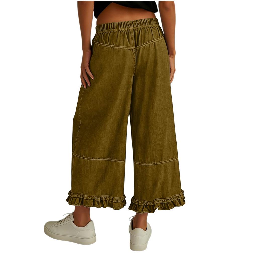 Women's Washed Denim Wide Leg Loose Nine Quarter Lace Jeans