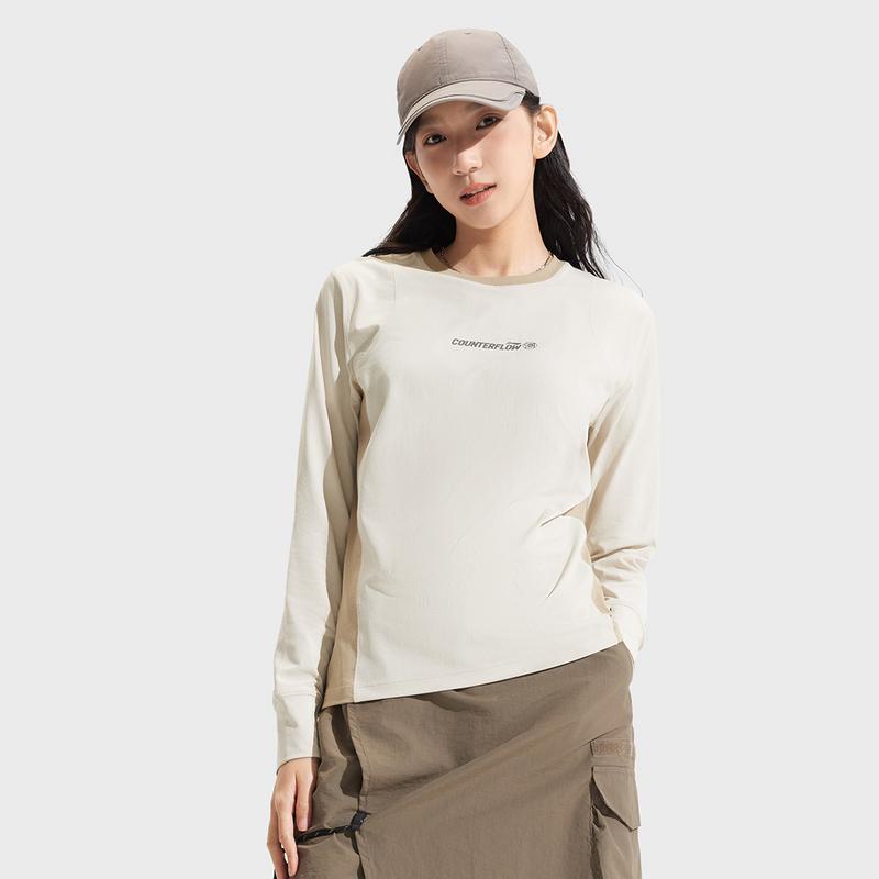 Li Ning CF Letter Splicing Simple Round Neck Comfortable Pullover Long Sleeve T-Shirt Women T-Shirt ATLV214-1