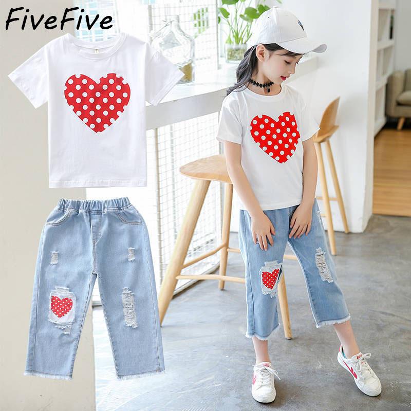 

Детская одежда, костюмы для девочек 6, 8, 10, 12 лет, комплект детской летней одежды для девочки, белая футболка и рваные джинсы
