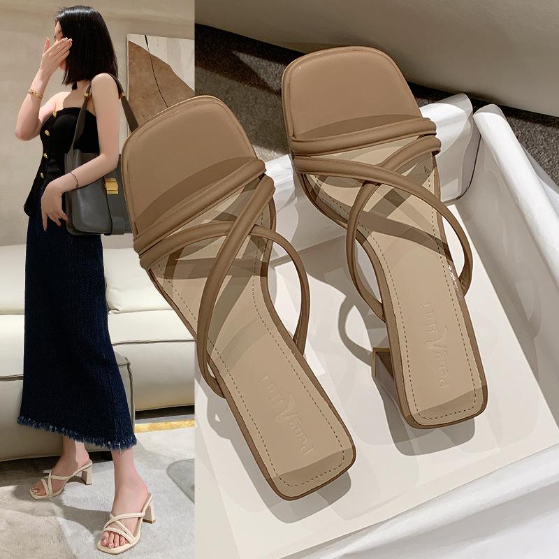 Slippers women's summer outer wear new summer niche high-end versatile skirt thick heel high heel cool slippers