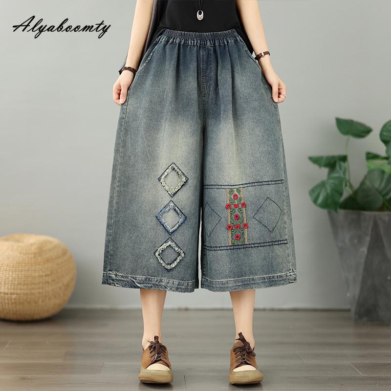 Plus Size Summer Women Wide Leg Jeans Elastic Waist Patchwork Embroidery Baggy Denim Capris Casual Loose Vintage Basic Ladies' 3/4 Length Pants