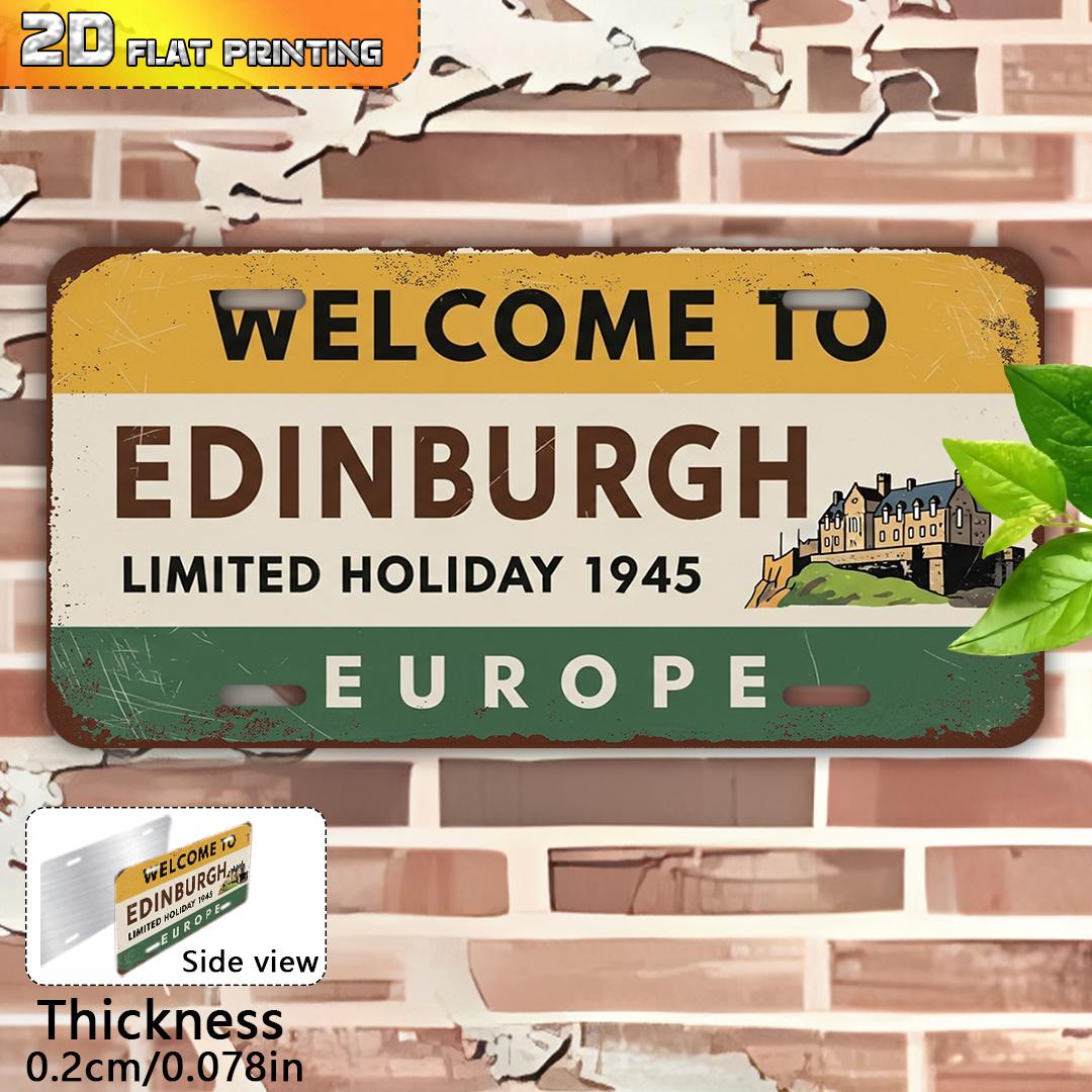 D Flat Edinburgh Scotland Welcome Sign  Retro Vintage Metal Wall Plaque with Edinburgh Castle  Scottish Borders Map Design 15x30cm(5.9x7.8inch)