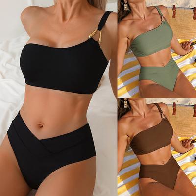 Solide Één Schouder Lage Taille Sexy Bikini Set Elegante Comfortabele Tweedelige Zwemkleding
