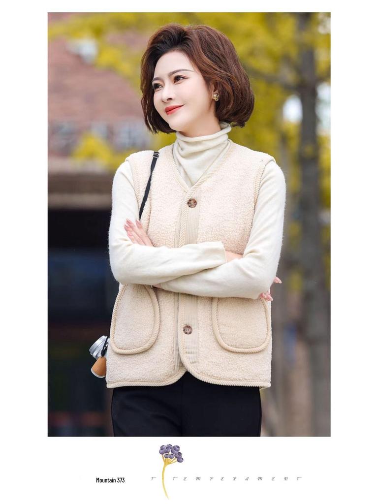 Women's Granular Fleece Vest for Middle-Aged & Elderly - Coffee Color, Sleeveless, Plus Velvet for Spring, Autumn, and Winter
