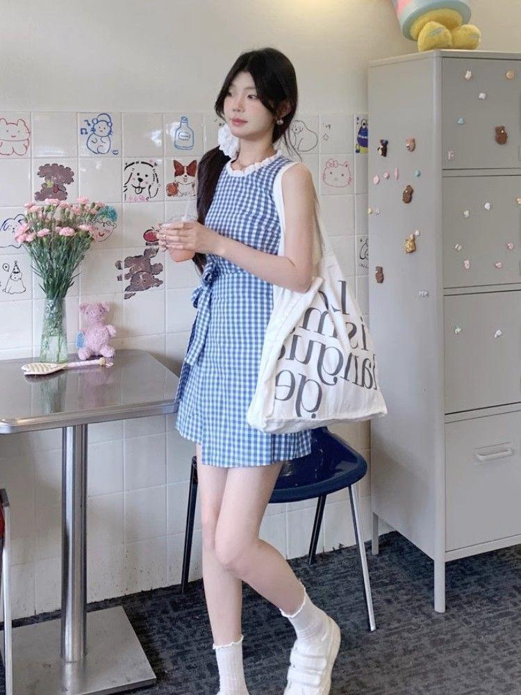 Robe sans manches à carreaux bleus style coréen avec ceinture nœud papillon - Jupe d'été amincissante pour femme
