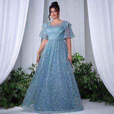 2026 Κομψό Μπλε Φόρεμα Chiffon Άνοιξης Μακρύ με Στρογγυλή Λαιμόκοψη