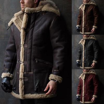 Herren-Übermantel aus Kunstwildleder mit Shearling-gefütterter Kapuze & Pelzkragen - Herbst/Winter Bestseller (Europäische Größe)