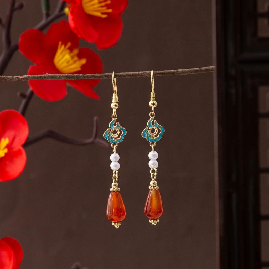 Red Series Beaded Earrings, National Style Auspicious Cloud Water Drop Pearl Earrings, Cheongsam Hanfu Accessories