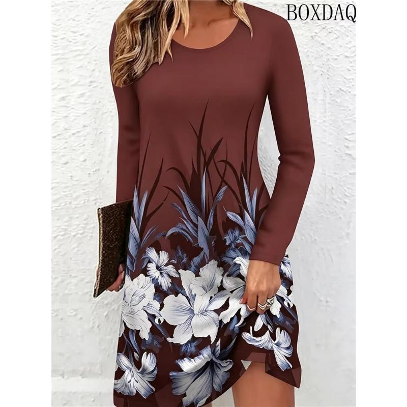 New Autumn Women's Fashionable Dresses Long Sleeved Round Neck Floral Print Loose Home Casual Dress