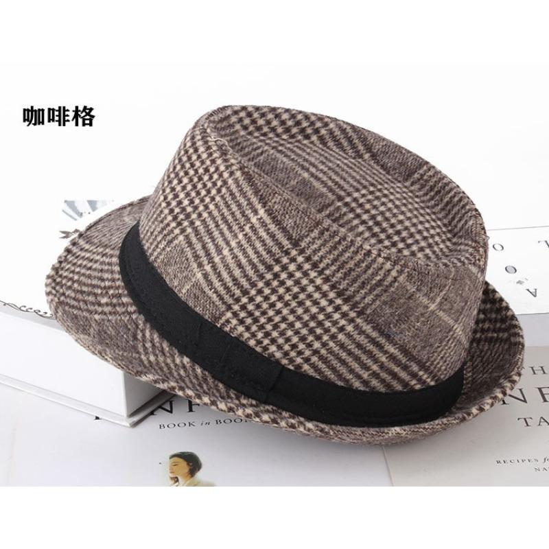 Autumn and winter men's top hat, Frannie plaid fabric warm middle-aged and elderly jazz hat casual top hat men's hat