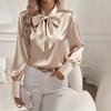Standing Collar Bow Long Sleeved Women's Satin Shirt, Elegant and Slim Fit, Suitable for Commuting To Work