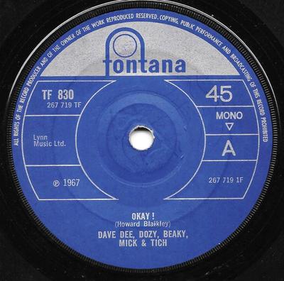 7inch Record DAVE DEE DOZY BEAKY MICK  TICH  Okay   Hes A Raver TF830 Fontana 1967 UK Rock Used