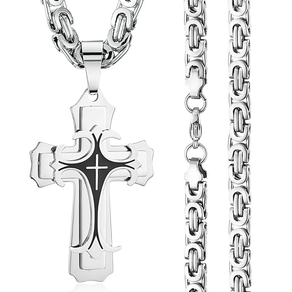 Vintage Stainless Steel Fleur-de-lis Cross Necklaces Pendants Long Byzantine Chain Necklaces Men Jewelry NC07
