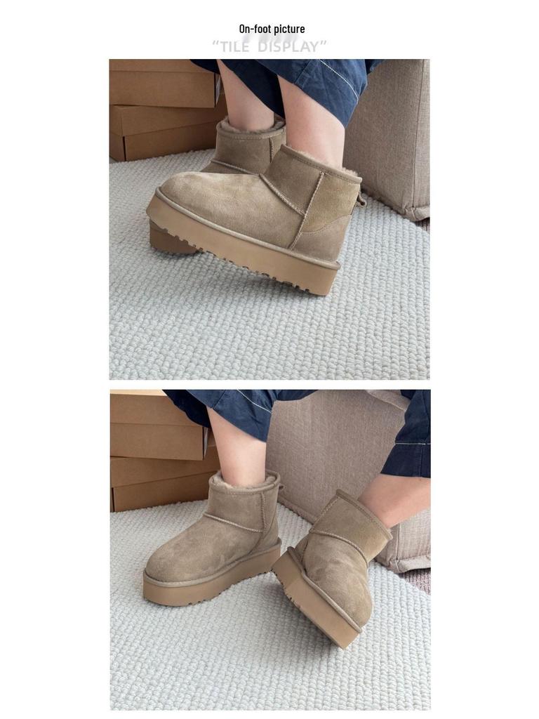 Women's Thick-Soled Snow Boots, Leather & Fur, Height-Boosting, Wool-Lined, Short Winter Boots.