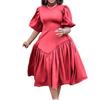 Pleated Puff Sleeve Plus Size Dress - European & American Fashion 2022
