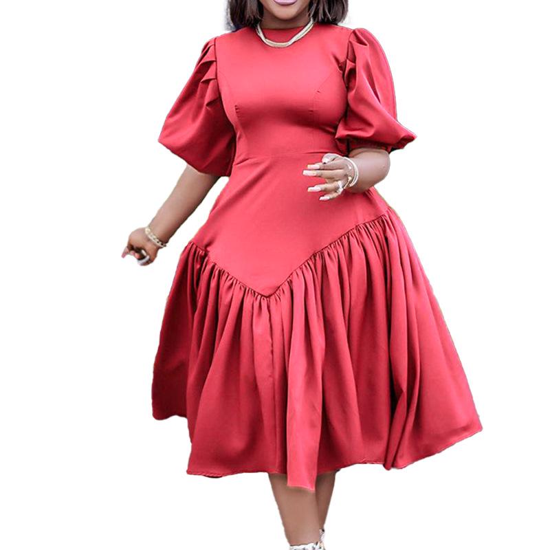 Pleated Puff Sleeve Plus Size Dress - European & American Fashion 2022
