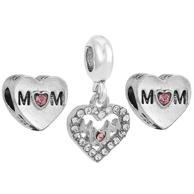 3pcs /Lot Pink Love Heart Beads Enamel Mom Pendant Fit Diy Brand Charm Bracelets Necklaces For Women Mother Jewelry Making