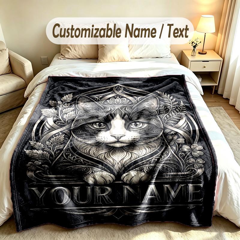 Cat Theme Custom Blanket Personalized Name & Text Customized Soft Warm Throw Blanket Home Decor
