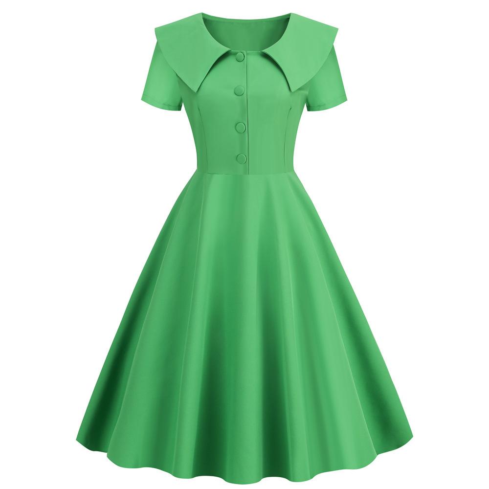 Retro Women Dress Turn-down Collar Shortn Sleeves A-line Big Swing Buttons Slim Fit Solid Color 50s Ball Prom Midi Dress