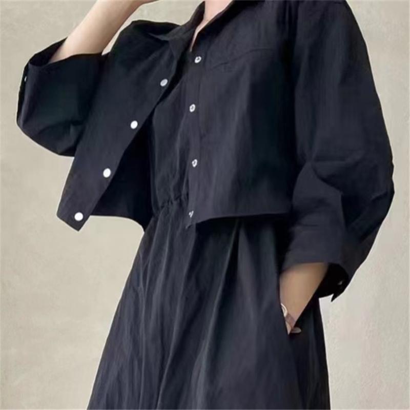 Summer 2 Pieces Women's Dress Suits Turn-down Short Jacket and Solid Casual Tank Dress Sets Outfits Spring