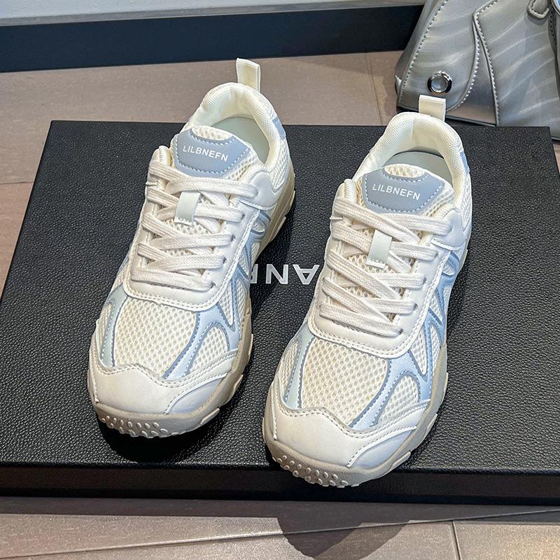 

Сетчатые дышащие кроссовки на толстой подошве, женские, 2025 осень, новые, из искусственной кожи, в сочетании цветов, маленькие спортивные и повседневные туфли 40 синий