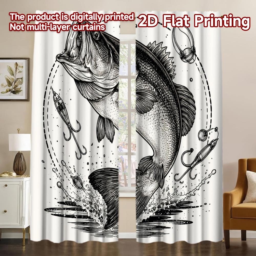 2D FLAT PRINTING 2pcs Curtains (Without Rod) Jumping Bass Illustration Light Filtering Popular Curtains Polyester Easy Install