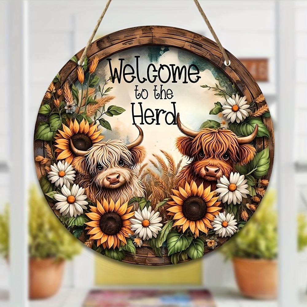 Sunflower & Highland Cow Wooden Hanging Sign - Farmhouse Welcome Door Decor for Indoor Outdoor Porch Housewarming Gift