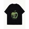 Oversized T Shirt Black Apple Graphic Print With Spulen File Text Casual Streetwear For Women