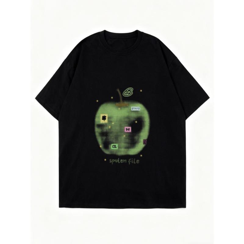 Oversized T Shirt Black Apple Graphic Print With Spulen File Text Casual Streetwear For Women