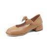 Fashion Women's New Spring and Autumn Round Head Elastic Strap Bow Middle Heel Large Mary Jane Retro Single Shoes